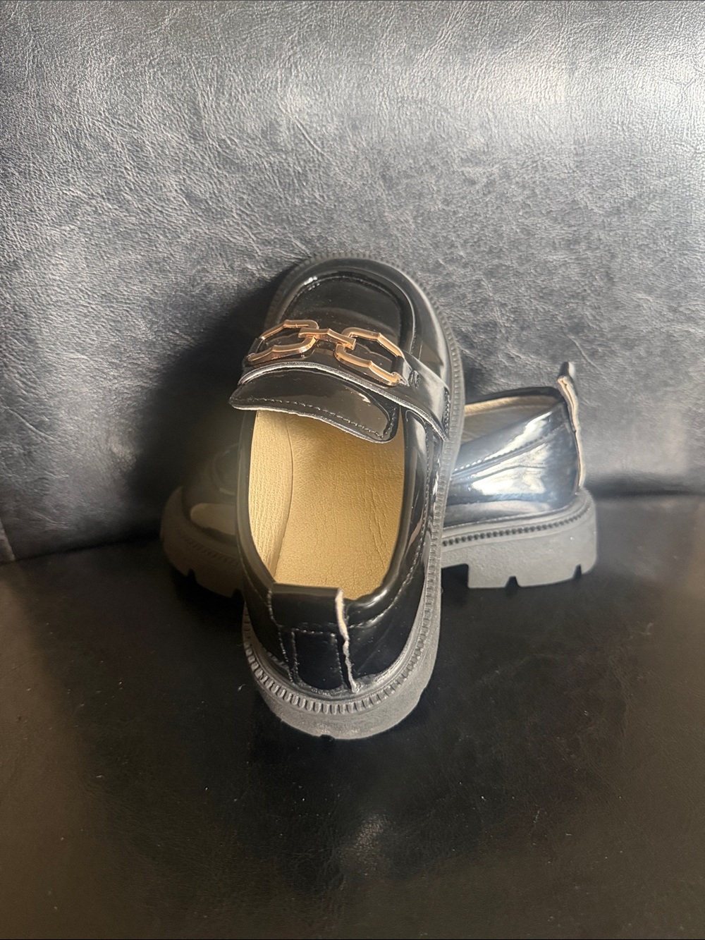 Women's Black Patent Loafers with Gold Chain Accent